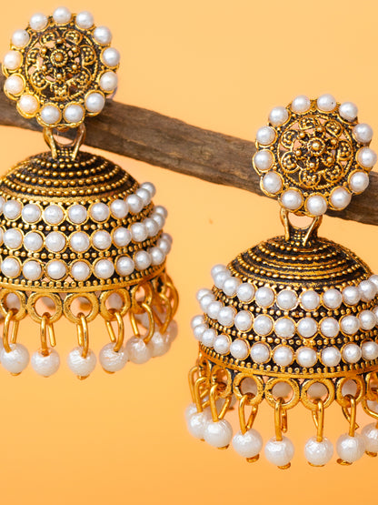Aadita Gold Plated Pearl Cluster Traditional Jhumka Earrings