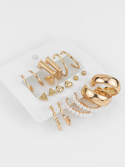 Aadita Gold Plated Minimal Studs & Hoops Earring Combo Set with Pearls (Pack of 9 Pairs)
