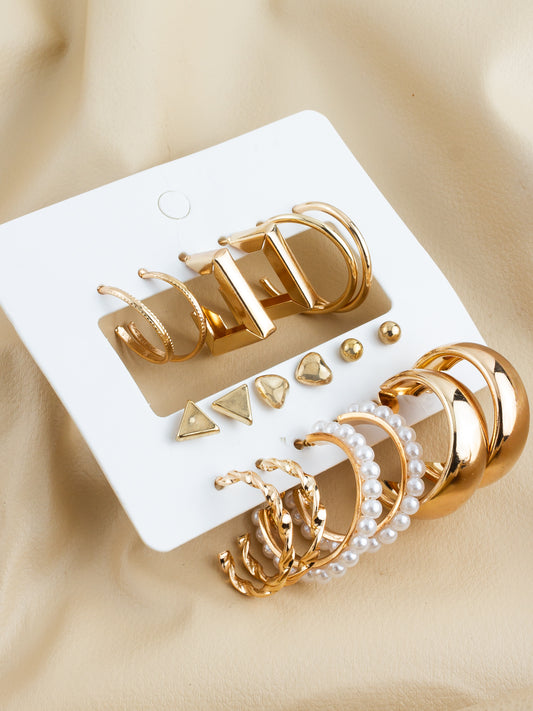 Aadita Gold Plated Minimal Studs & Hoops Earring Combo Set with Pearls (Pack of 9 Pairs)