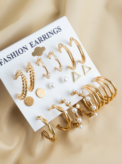 Aadita Gold Plated Textured & Pearl Accent Hoop Earring Combo Set for Women (Pack of 9 Pairs)