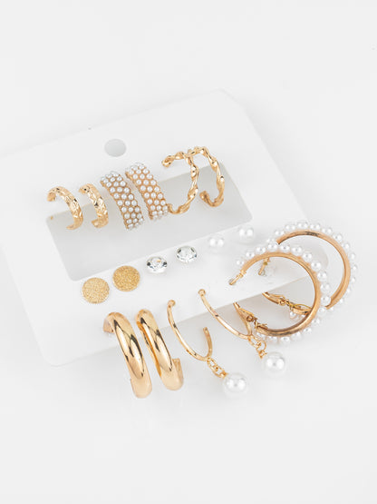 Aadita Elegant Gold Plated Pearl & Crystal Hoop Earring Combo Set for Women (Pack of 9 Pairs)