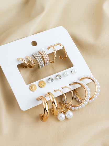 Aadita Elegant Gold Plated Pearl & Crystal Hoop Earring Combo Set for Women (Pack of 9 Pairs)
