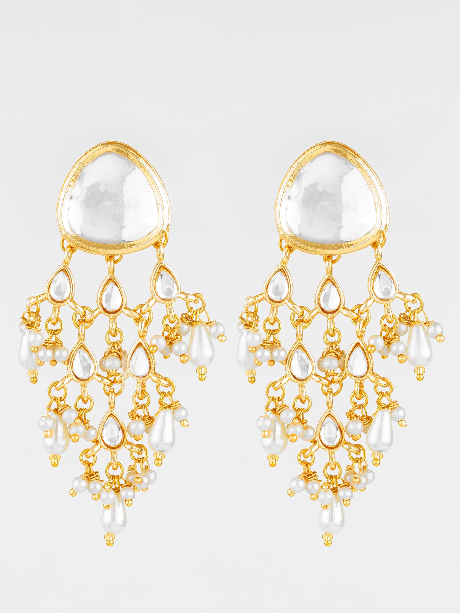 Aadita Gold Plated White Kundan Chandbali Earrings with Pearl Drops for Traditional Wear