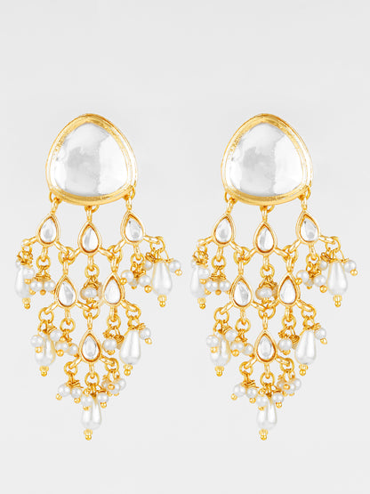 Aadita Gold Plated White Kundan Chandbali Earrings with Pearl Drops for Traditional Wear