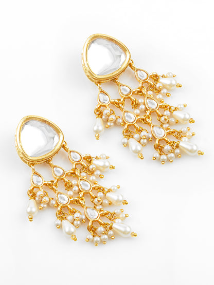 Aadita Gold Plated White Kundan Chandbali Earrings with Pearl Drops for Traditional Wear