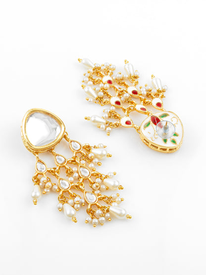 Aadita Gold Plated White Kundan Chandbali Earrings with Pearl Drops for Traditional Wear