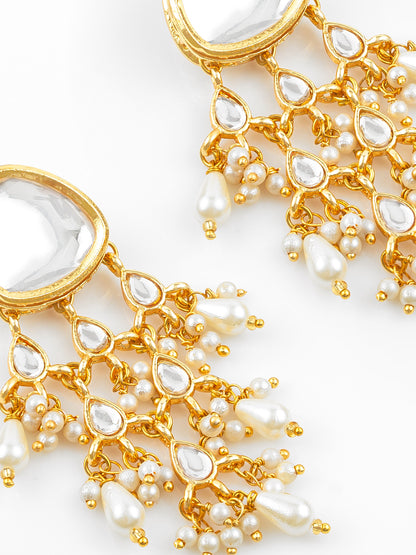Aadita Gold Plated White Kundan Chandbali Earrings with Pearl Drops for Traditional Wear