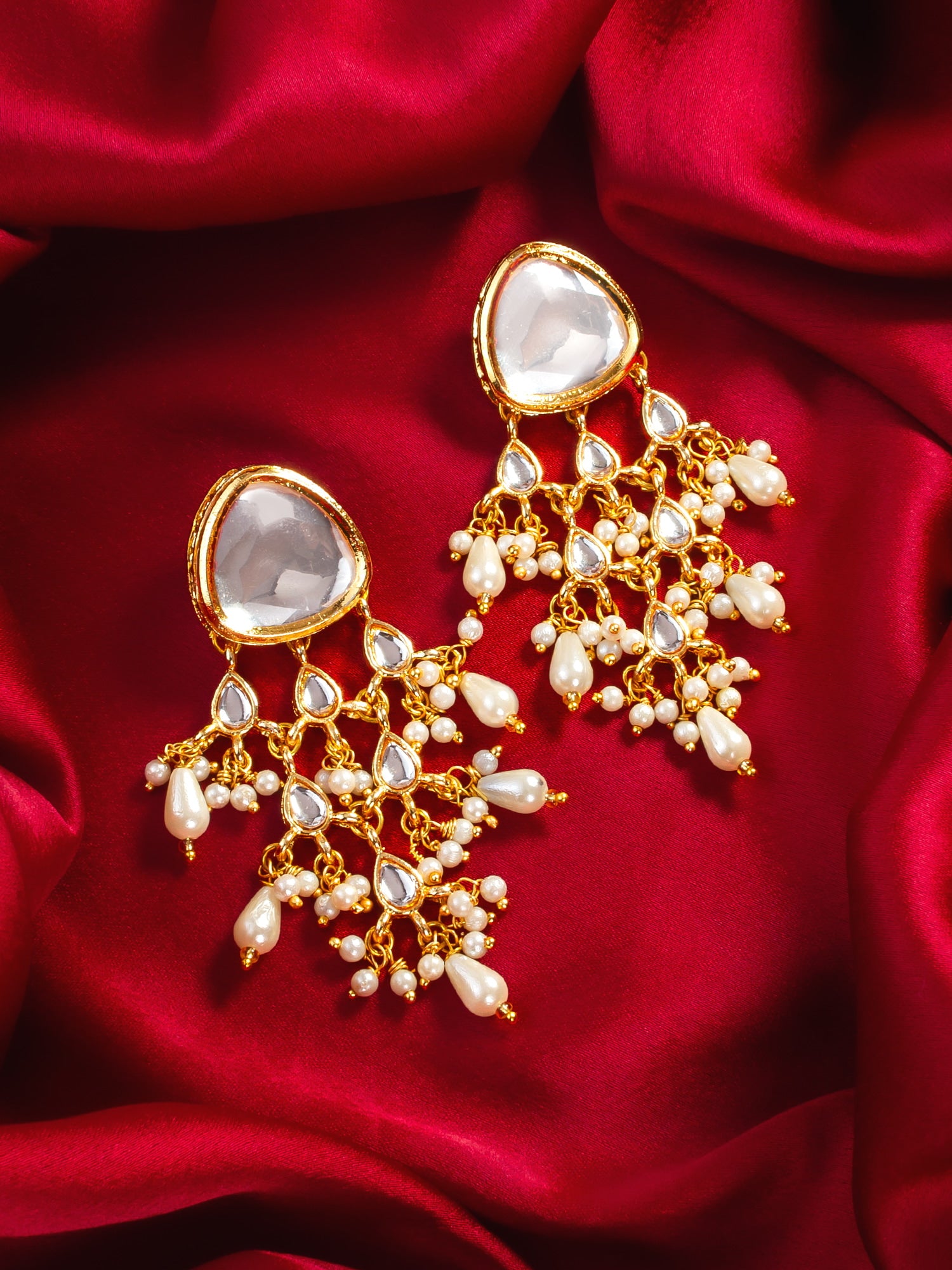 Aadita Gold Plated White Kundan Chandbali Earrings with Pearl Drops for Traditional Wear
