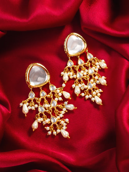 Aadita Gold Plated White Kundan Chandbali Earrings with Pearl Drops for Traditional Wear