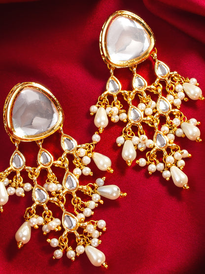 Aadita Gold Plated White Kundan Chandbali Earrings with Pearl Drops for Traditional Wear