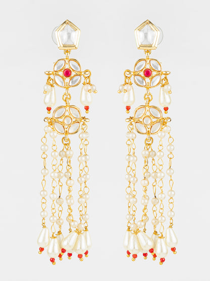 Aadita Gold Plated Traditional Kundan & Pearl Long Chain Earrings for Women & Girls
