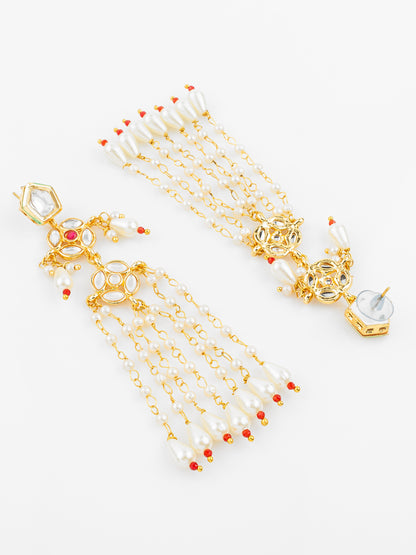 Aadita Gold Plated Traditional Kundan & Pearl Long Chain Earrings for Women & Girls