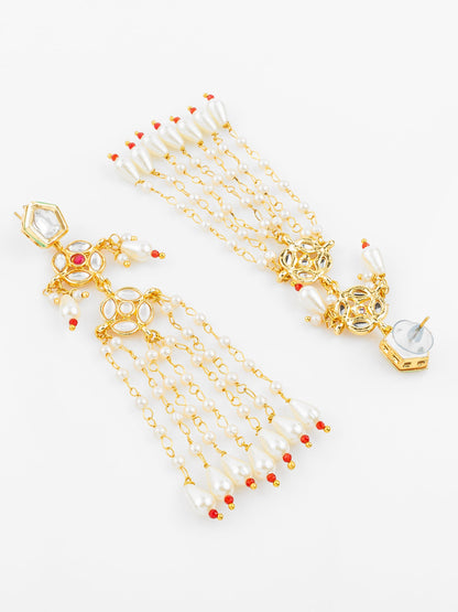 Aadita Gold Plated Traditional Kundan & Pearl Long Chain Earrings for Women & Girls WER4120