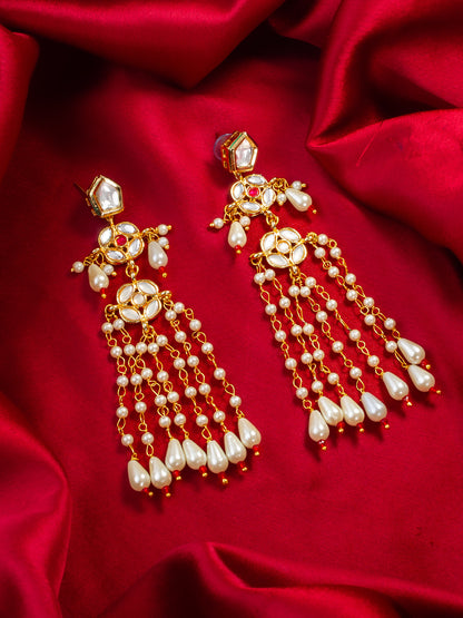 Aadita Gold Plated Traditional Kundan & Pearl Long Chain Earrings for Women & Girls