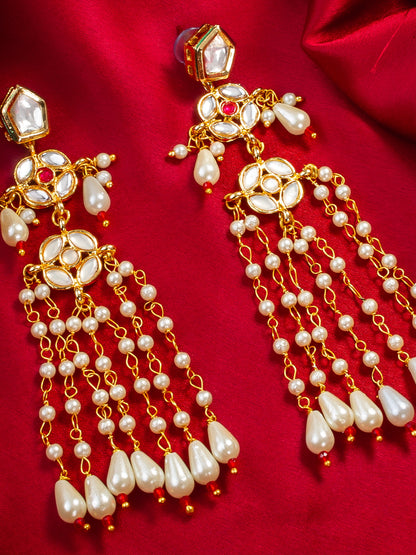 Aadita Gold Plated Traditional Kundan & Pearl Long Chain Earrings for Women & Girls