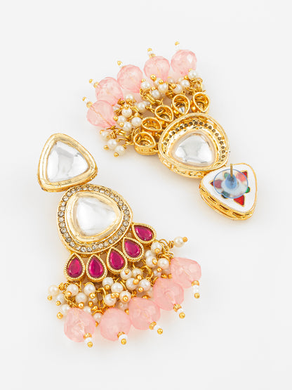 Aadita Gold Plated Kundan & Pink Beaded Chandbali Earrings for Women and Girls