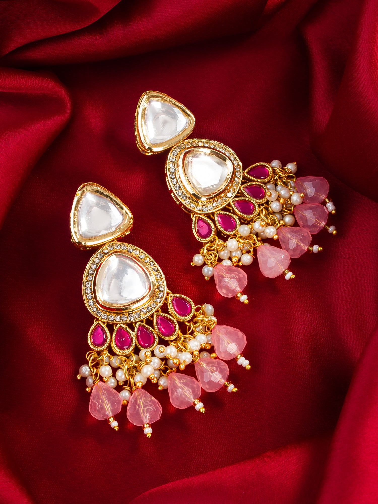 Aadita Gold Plated Kundan & Pink Beaded Chandbali Earrings for Women and Girls