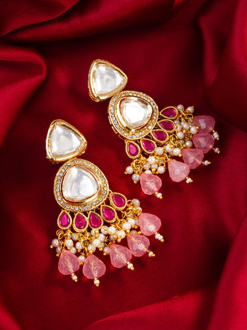 Aadita Gold Plated Kundan & Pink Beaded Chandbali Earrings for Women and Girls