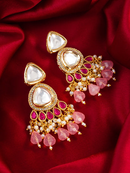 Aadita Gold Plated Kundan & Pink Beaded Chandbali Earrings for Women and Girls