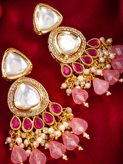 Aadita Gold Plated Kundan & Pink Beaded Chandbali Earrings for Women and Girls