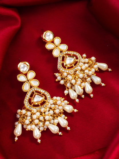 Aadita Traditional Kundan Pearl Cluster Gold Plated Statement Earrings for Women and Girls
