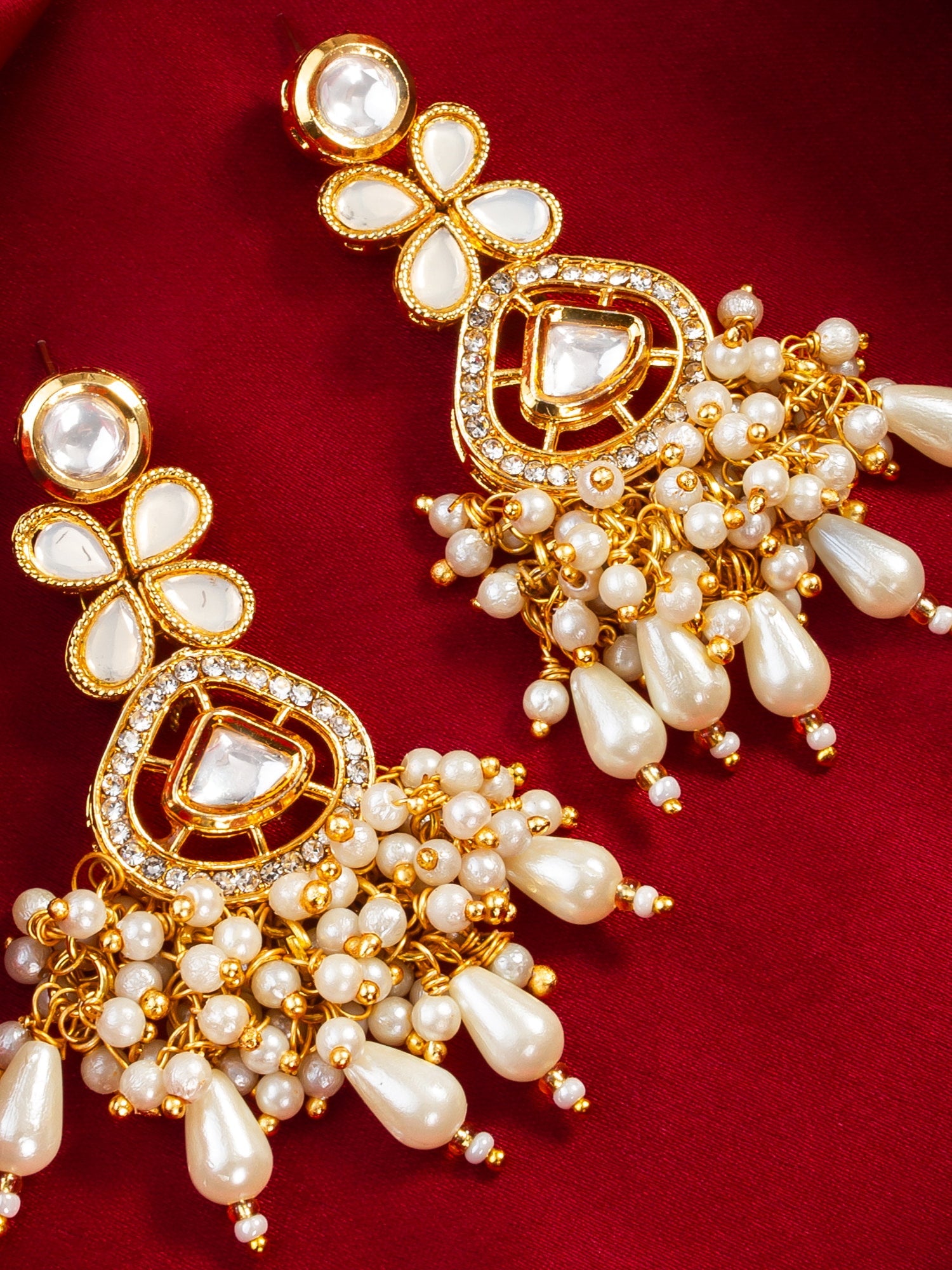 Aadita Traditional Kundan Pearl Cluster Gold Plated Statement Earrings for Women and Girls WER4122