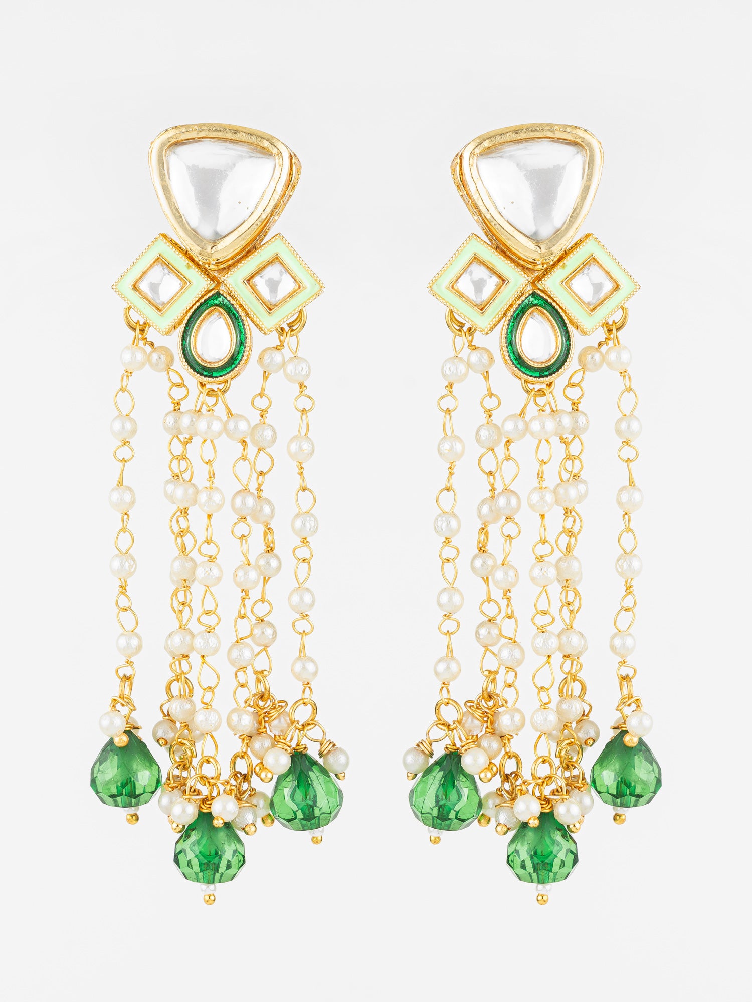 Aadita Gold Plated Kundan and Pearl Green Drop Traditional Long Dangler Earrings for Women