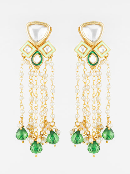 Aadita Gold Plated Kundan and Pearl Green Drop Traditional Long Dangler Earrings for Women