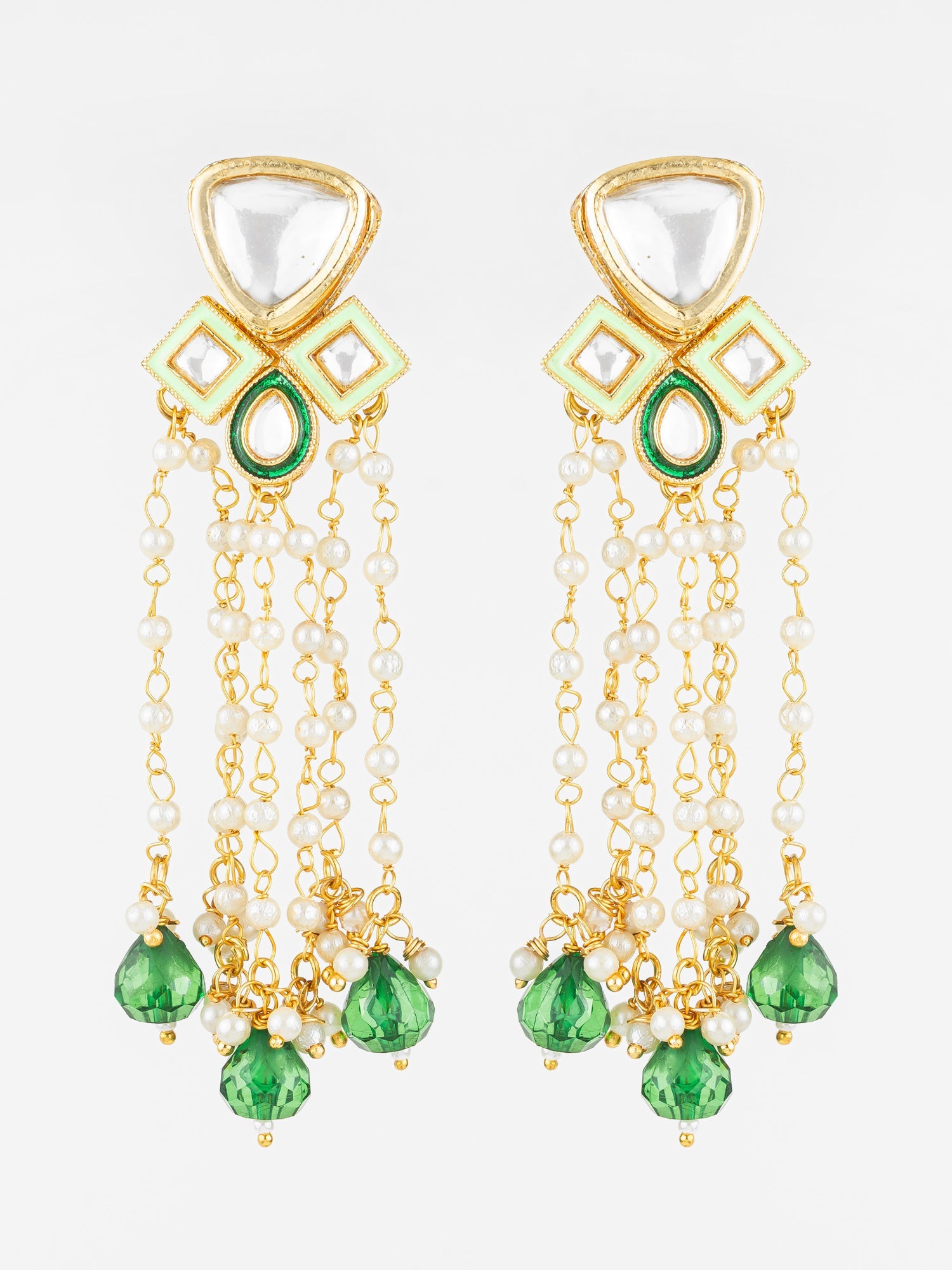Aadita Gold Plated Kundan and Pearl Green Drop Traditional Long Dangler Earrings for Women WER4124