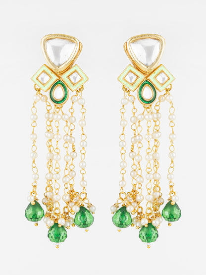 Aadita Gold Plated Kundan and Pearl Green Drop Traditional Long Dangler Earrings for Women WER4124