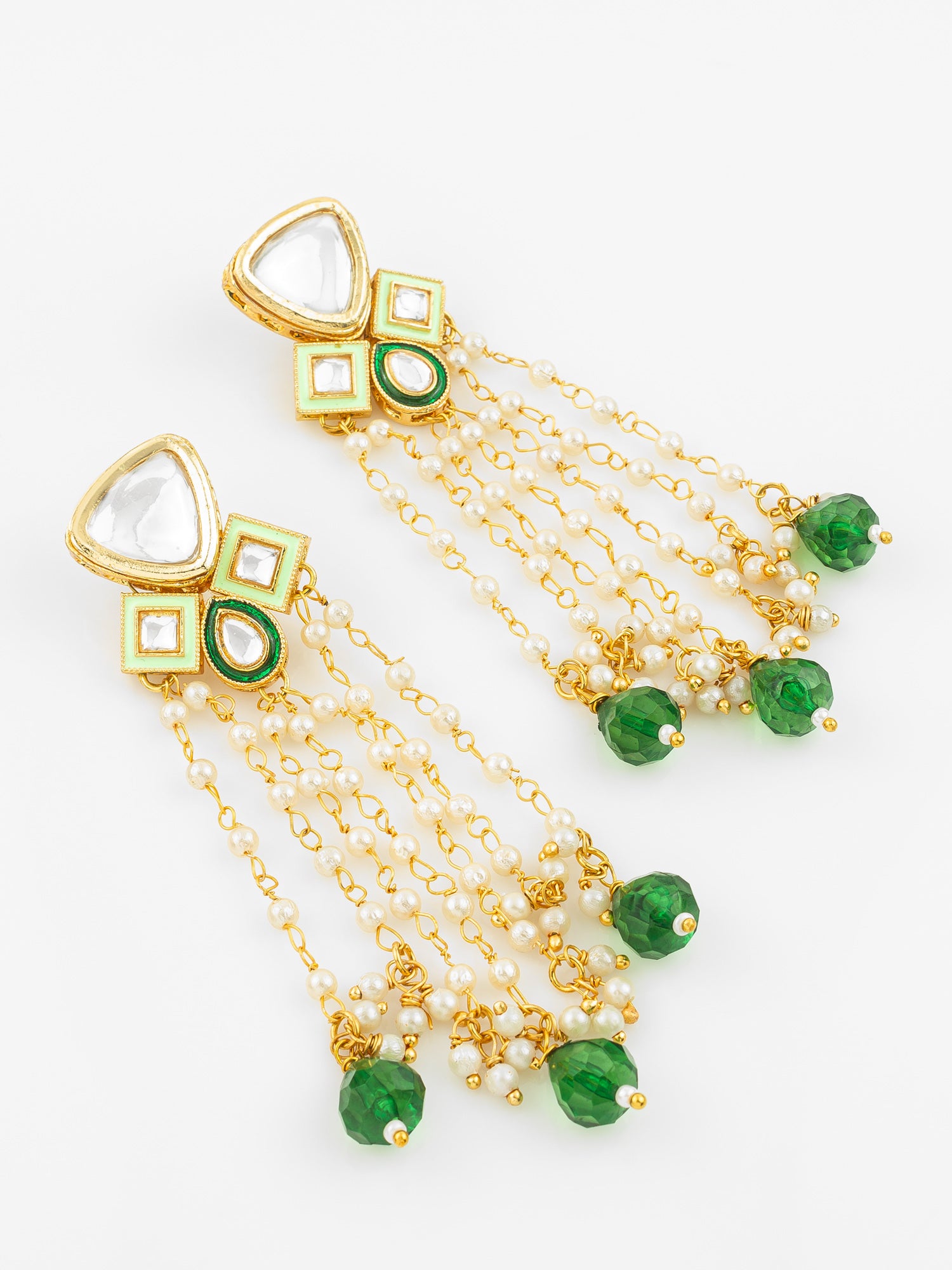 Aadita Gold Plated Kundan and Pearl Green Drop Traditional Long Dangler Earrings for Women