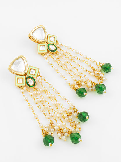 Aadita Gold Plated Kundan and Pearl Green Drop Traditional Long Dangler Earrings for Women