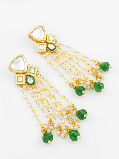 Aadita Gold Plated Kundan and Pearl Green Drop Traditional Long Dangler Earrings for Women WER4124