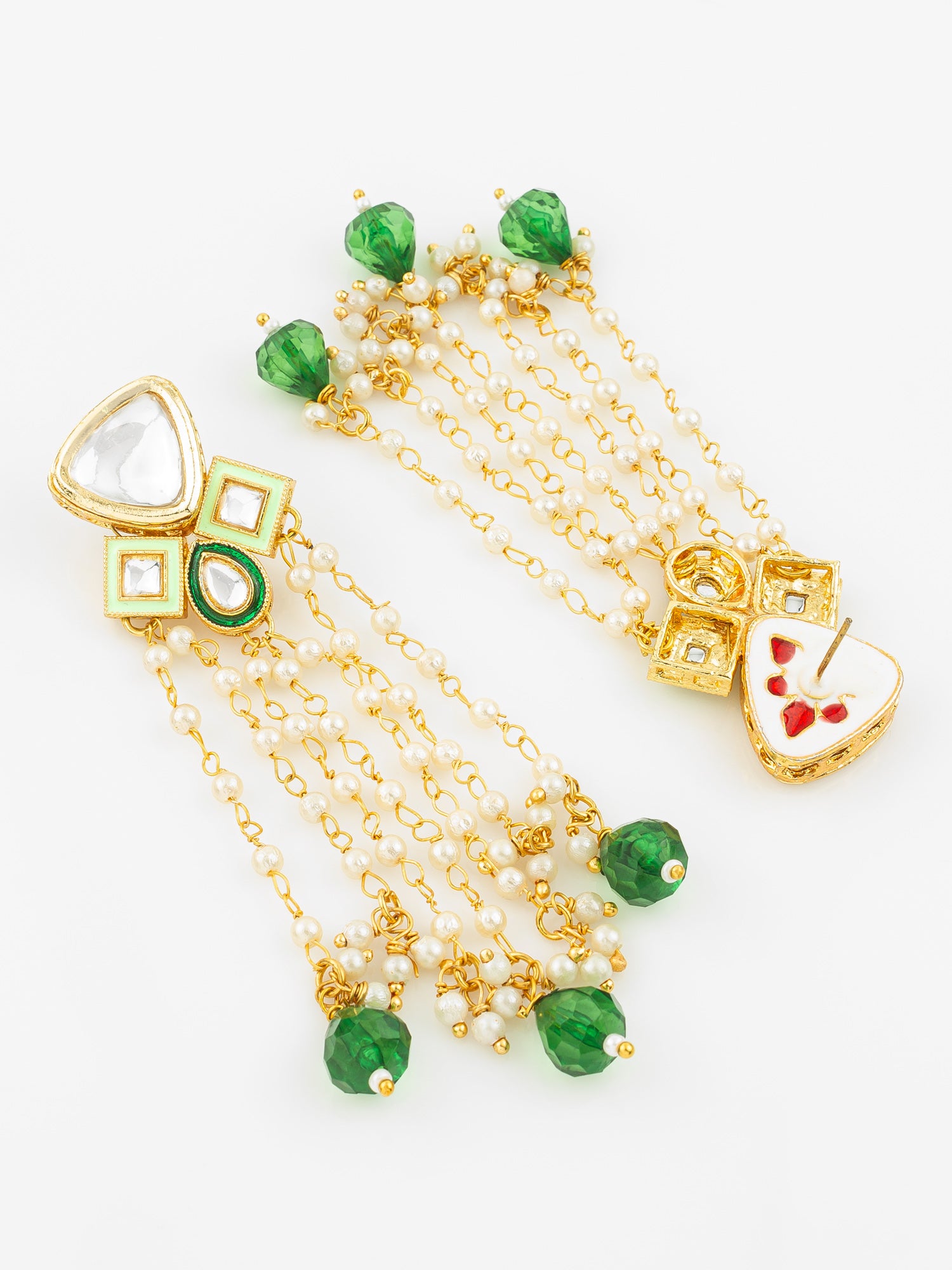 Aadita Gold Plated Kundan and Pearl Green Drop Traditional Long Dangler Earrings for Women