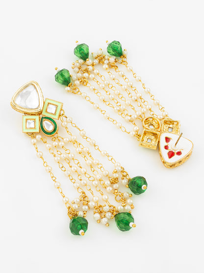 Aadita Gold Plated Kundan and Pearl Green Drop Traditional Long Dangler Earrings for Women