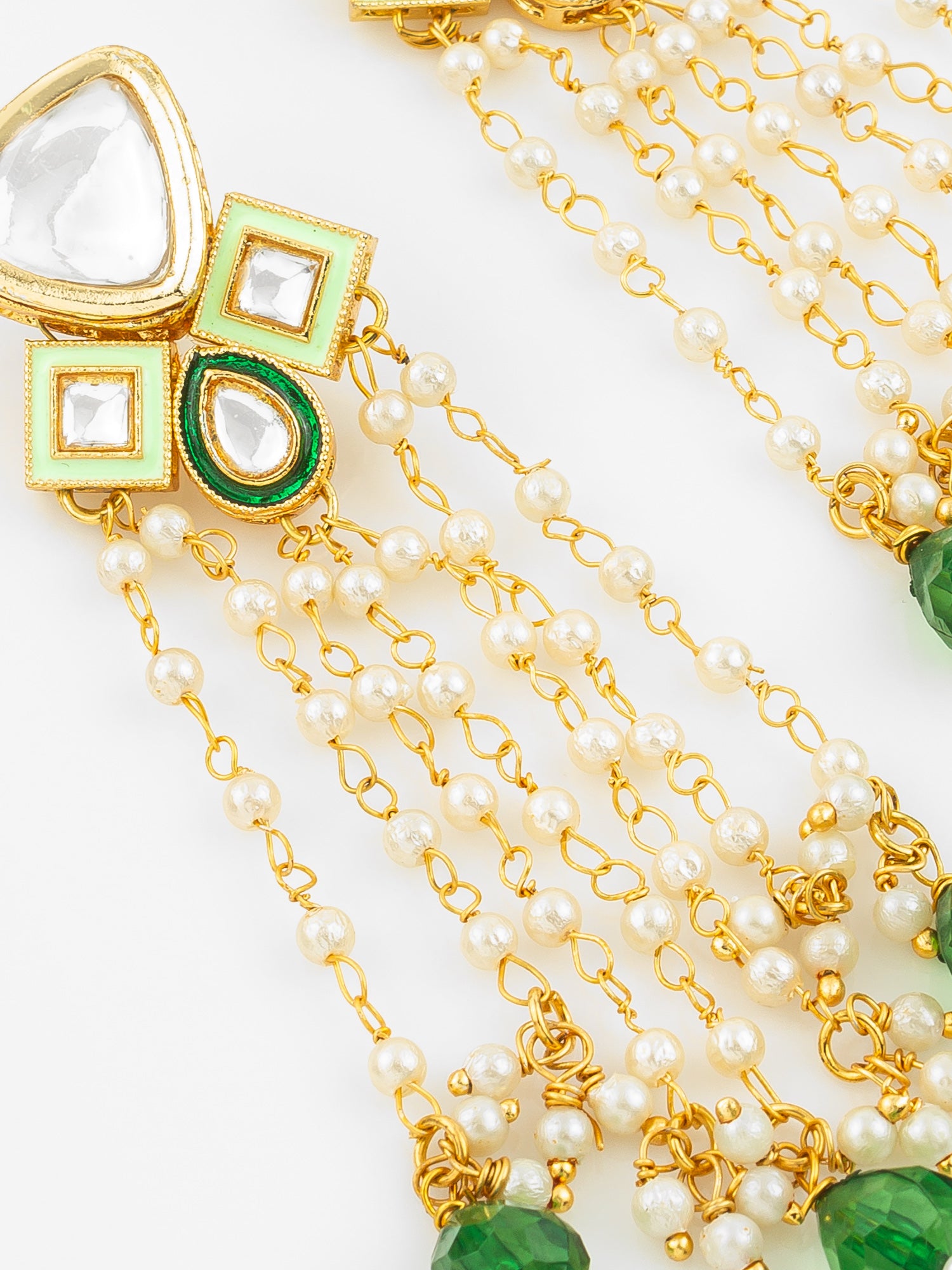 Aadita Gold Plated Kundan and Pearl Green Drop Traditional Long Dangler Earrings for Women