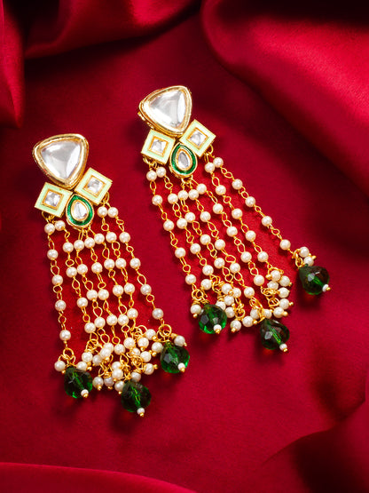 Aadita Gold Plated Kundan and Pearl Green Drop Traditional Long Dangler Earrings for Women