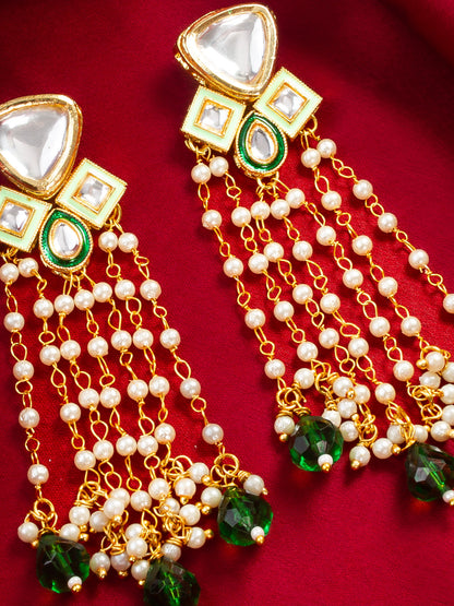 Aadita Gold Plated Kundan and Pearl Green Drop Traditional Long Dangler Earrings for Women