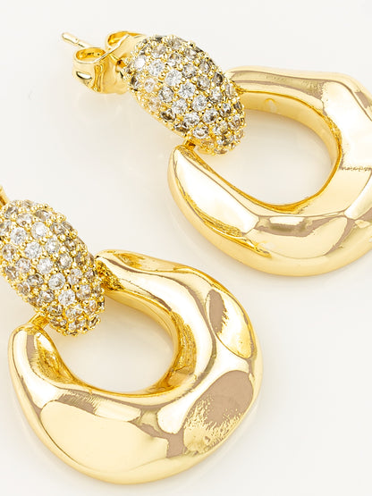 Aadita Gold Plated Glossy Dome Hoop Earrings with American Diamond Studded Top