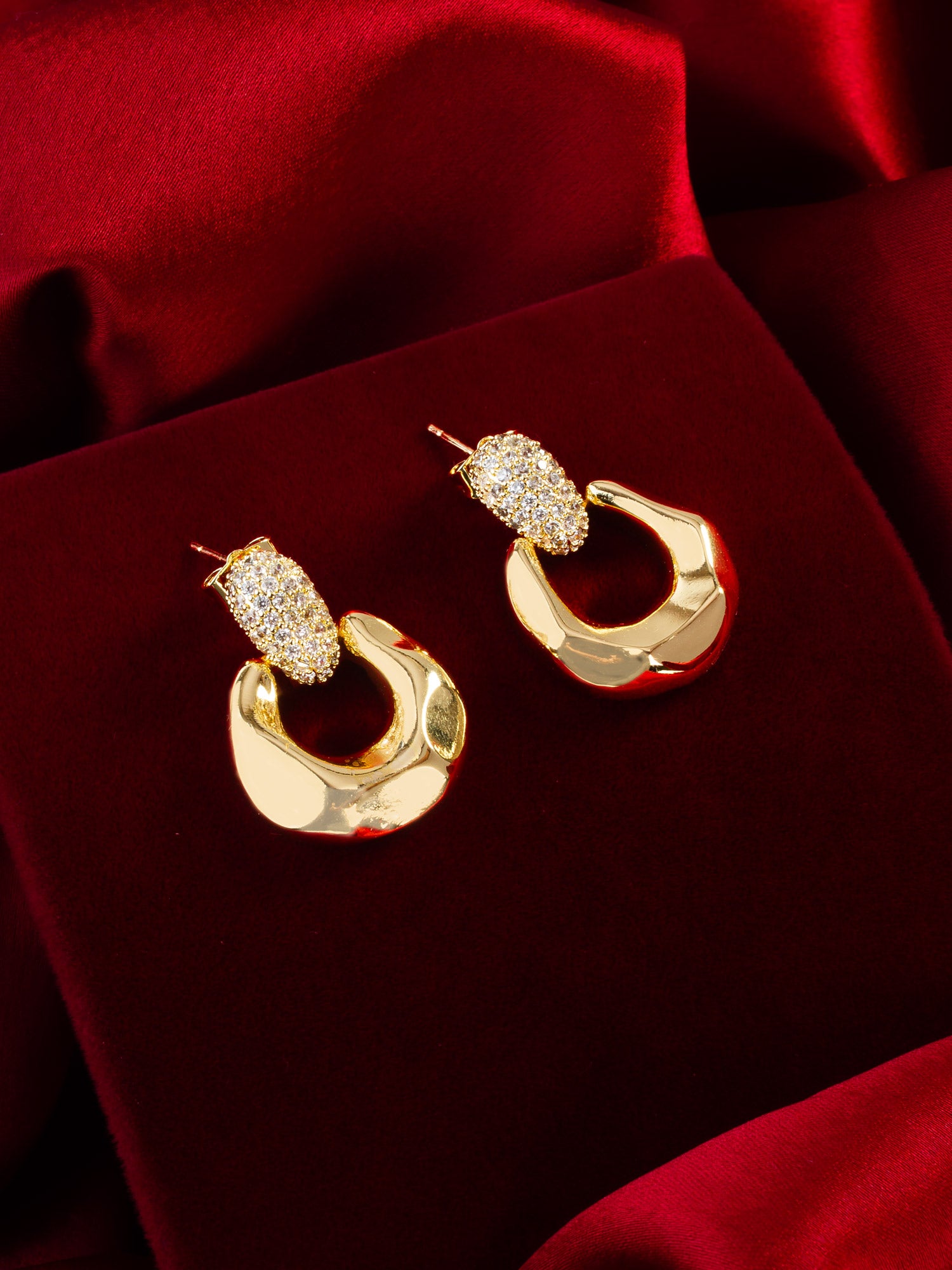 Aadita Gold Plated Glossy Dome Hoop Earrings with American Diamond Studded Top