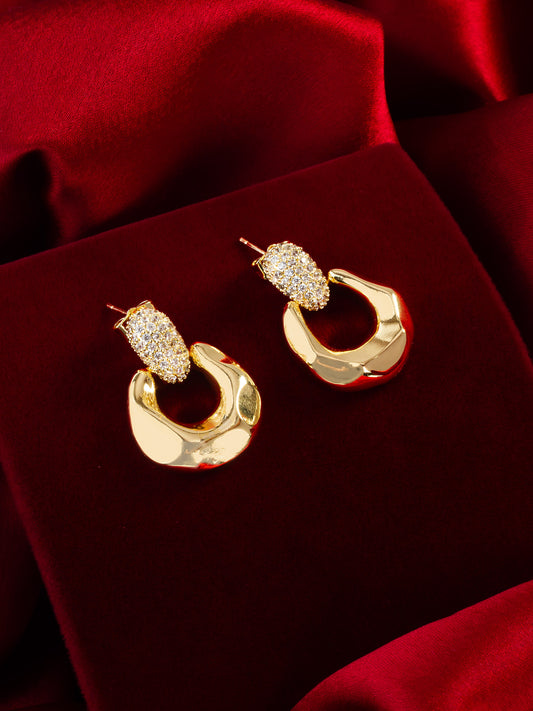 Aadita Gold Plated Glossy Dome Hoop Earrings with American Diamond Studded Top