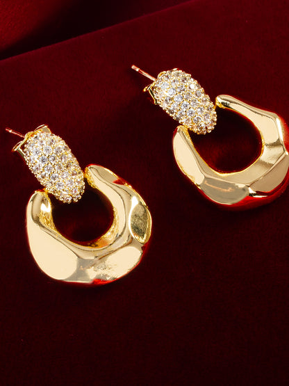 Aadita Gold Plated Glossy Dome Hoop Earrings with American Diamond Studded Top