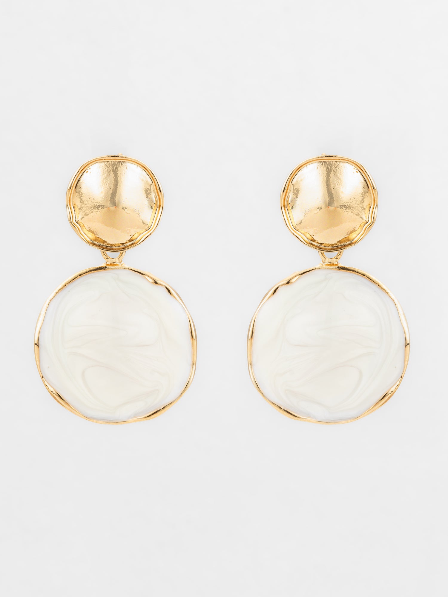 Aadita Textured Gold Plated Round Statement Earrings – White Marble Finish