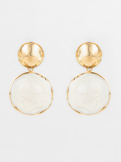 Aadita Textured Gold Plated Round Statement Earrings – White Marble Finish