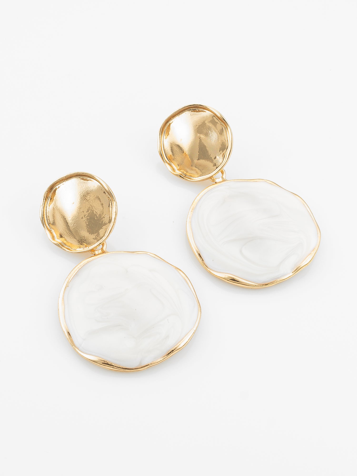 Aadita Textured Gold Plated Round Statement Earrings – White Marble Finish