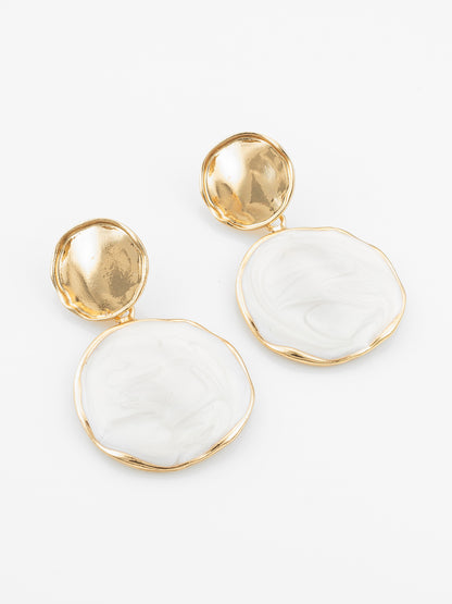 Aadita Textured Gold Plated Round Statement Earrings – White Marble Finish