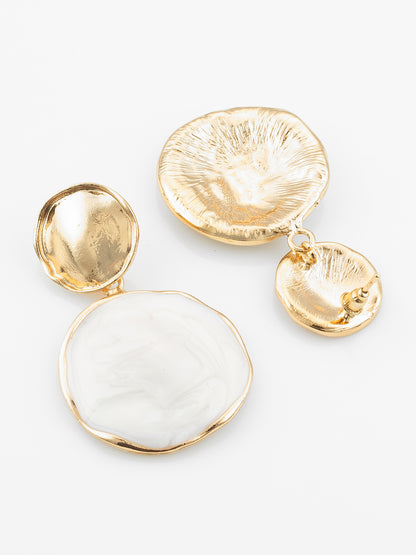 Aadita Textured Gold Plated Round Statement Earrings – White Marble Finish