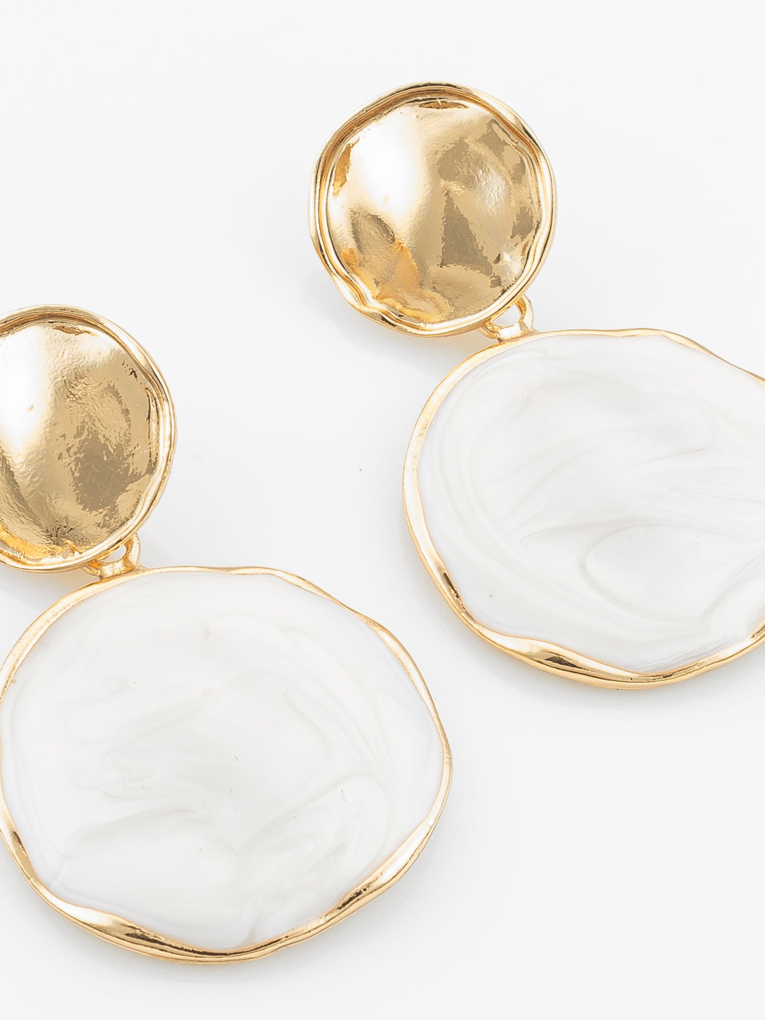 Aadita Textured Gold Plated Round Statement Earrings – White Marble Finish