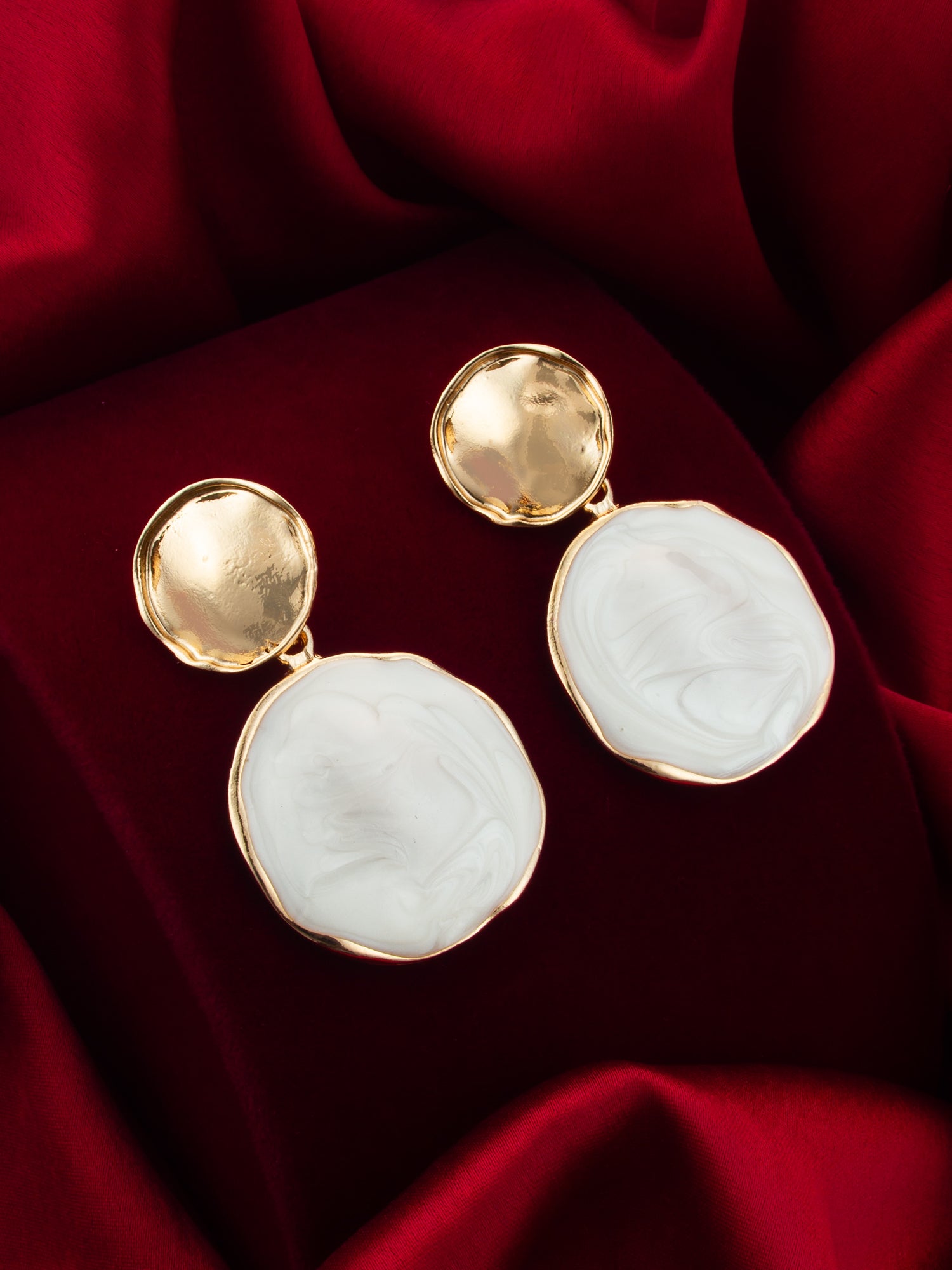 Aadita Textured Gold Plated Round Statement Earrings – White Marble Finish