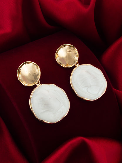 Aadita Textured Gold Plated Round Statement Earrings – White Marble Finish